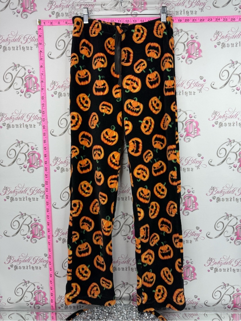 Weekend edition pants soft Black Fleece Pajama Pants with Orange Pumpkin Print